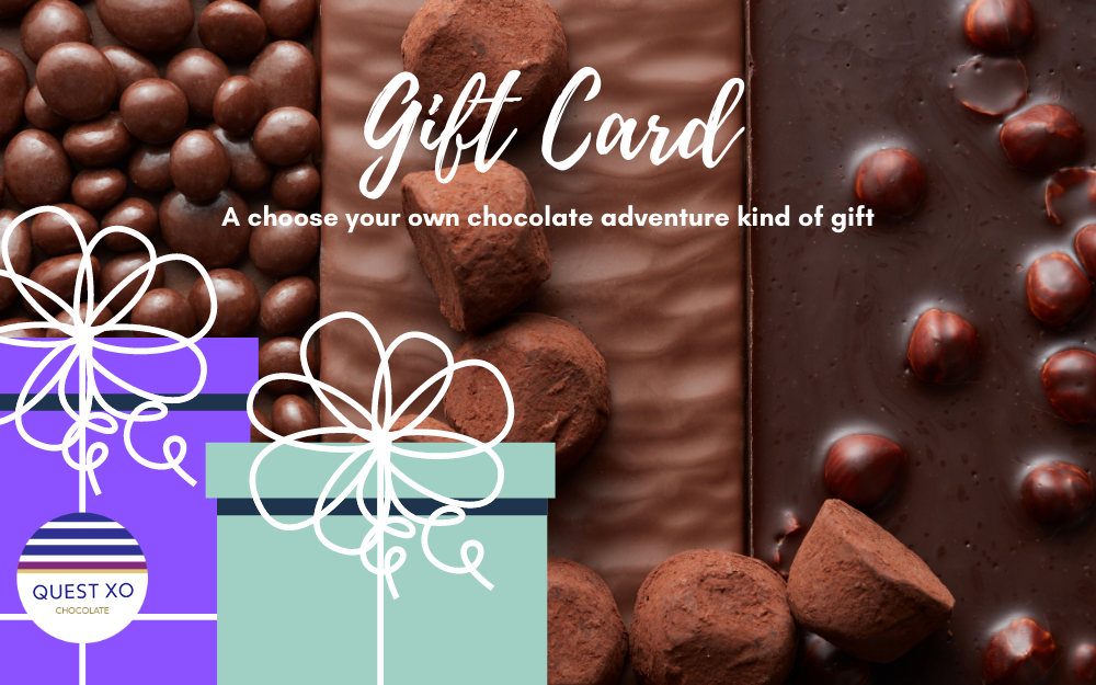 3 types of chocolates in the background. Text that says "Gift Card - a choose your own chocolate adventure kind of gift".